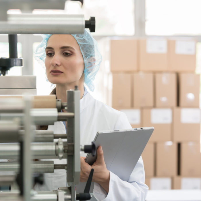 Woman holding laptop examines manufacturing equipment with packages in background